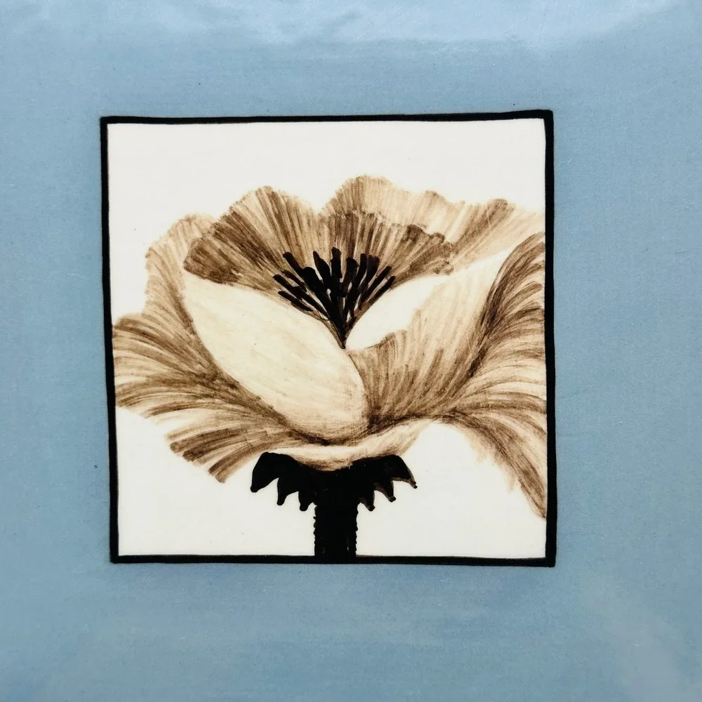 Vintage M. Moroz Signed Square Ceramic Floral Art Plate Blue Sepia 10in
